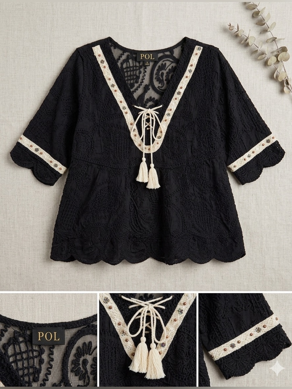 POL Boho Lace V-Neck Top with Tassel Tie - Black